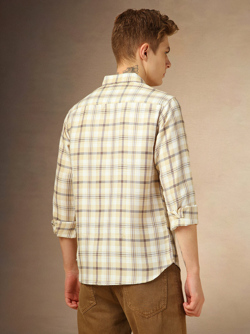 Men's Brown Checks Spread Collar Full Sleeves Shirt