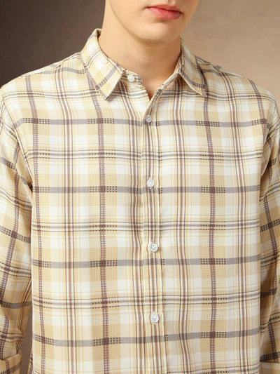 Men's Brown Checks Spread Collar Full Sleeves Shirt