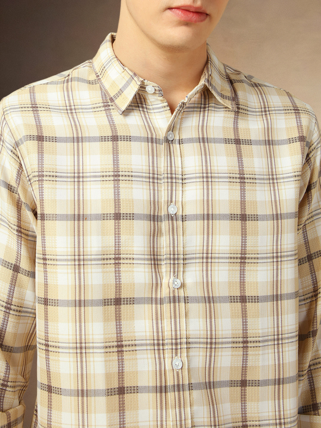 Men's Brown Checks Spread Collar Full Sleeves Shirt