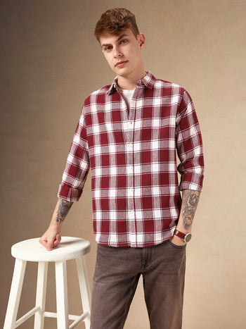 Men's Red Checks Spread Collar Full Sleeves Cotton Poly Waffle Casual Shirt