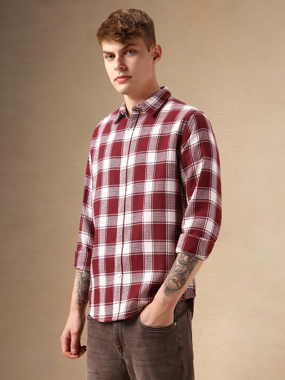 Men's Red Checks Spread Collar Full Sleeves Cotton Poly Waffle Casual Shirt