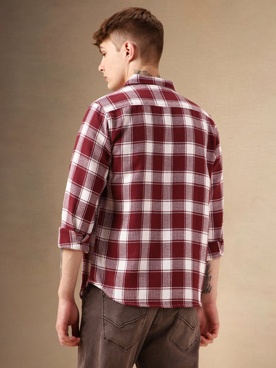 Men's Red Checks Spread Collar Full Sleeves Cotton Poly Waffle Casual Shirt