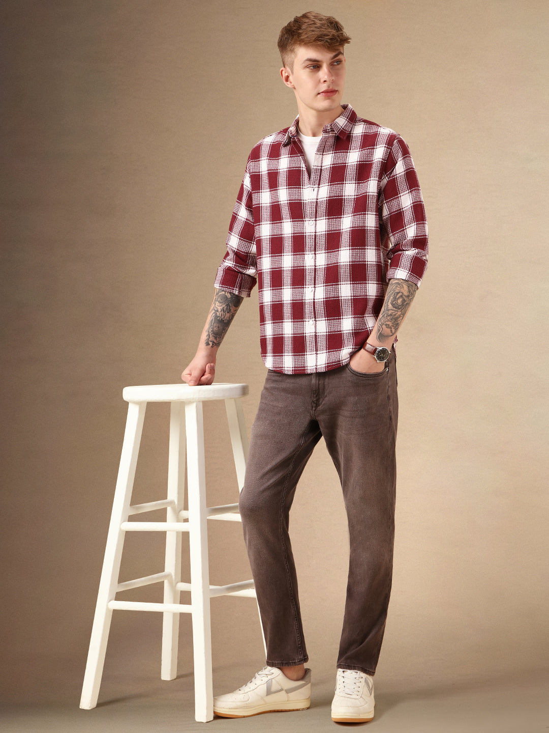 Men's Red Checks Spread Collar Full Sleeves Cotton Poly Waffle Casual Shirt