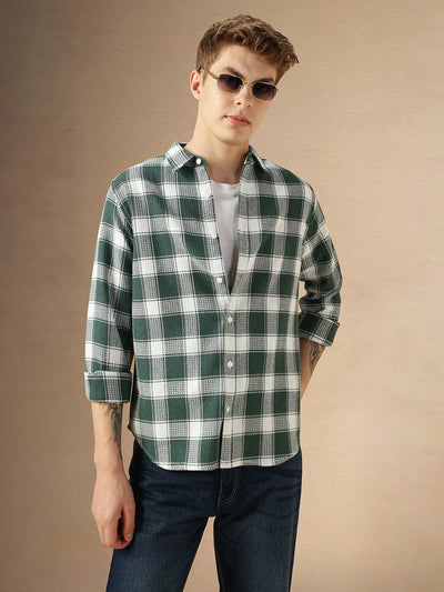 Men's Green Cotton Spread Collar Full Sleeves Checked Shirt