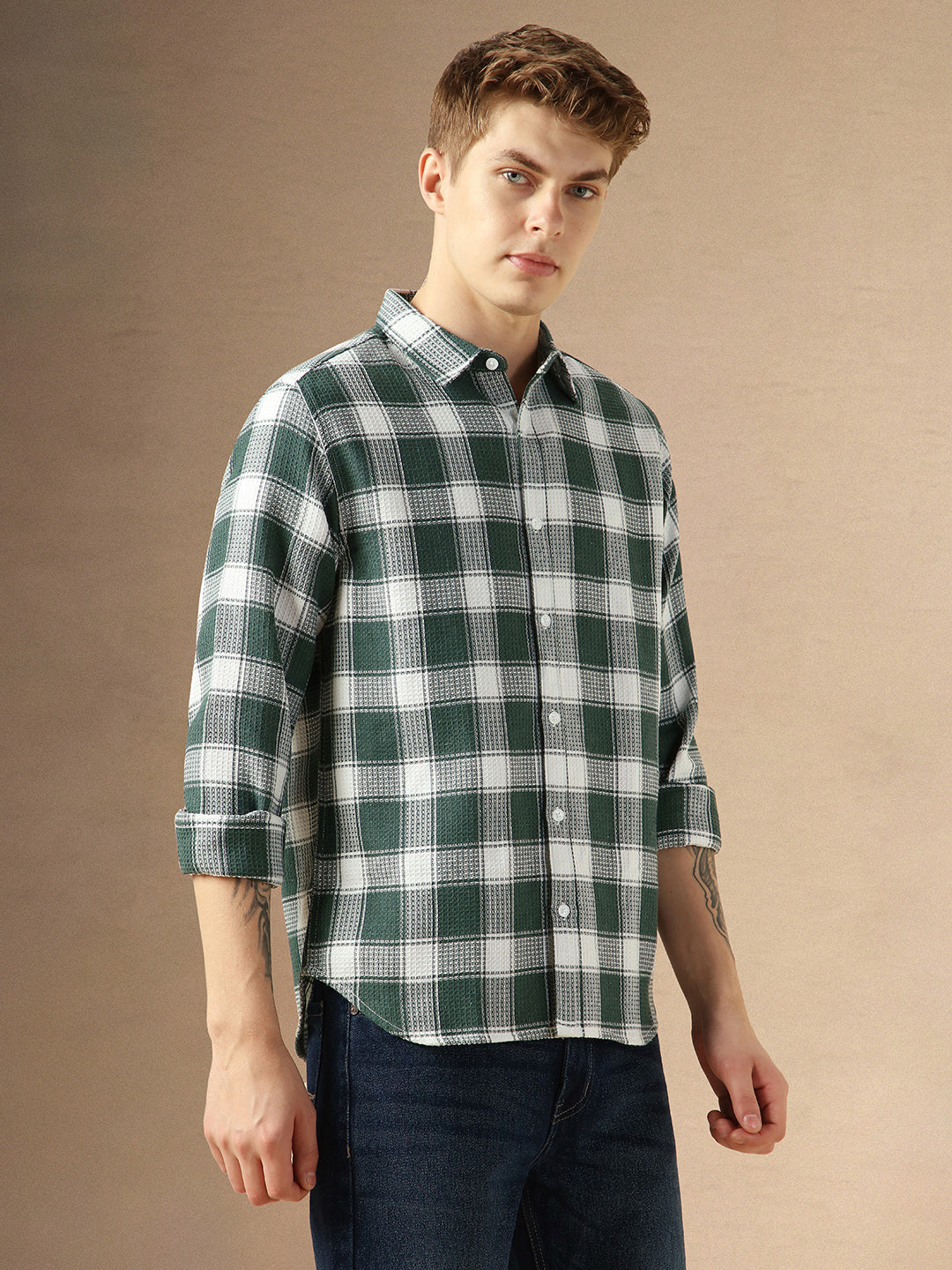 Men's Green Cotton Spread Collar Full Sleeves Checked Shirt