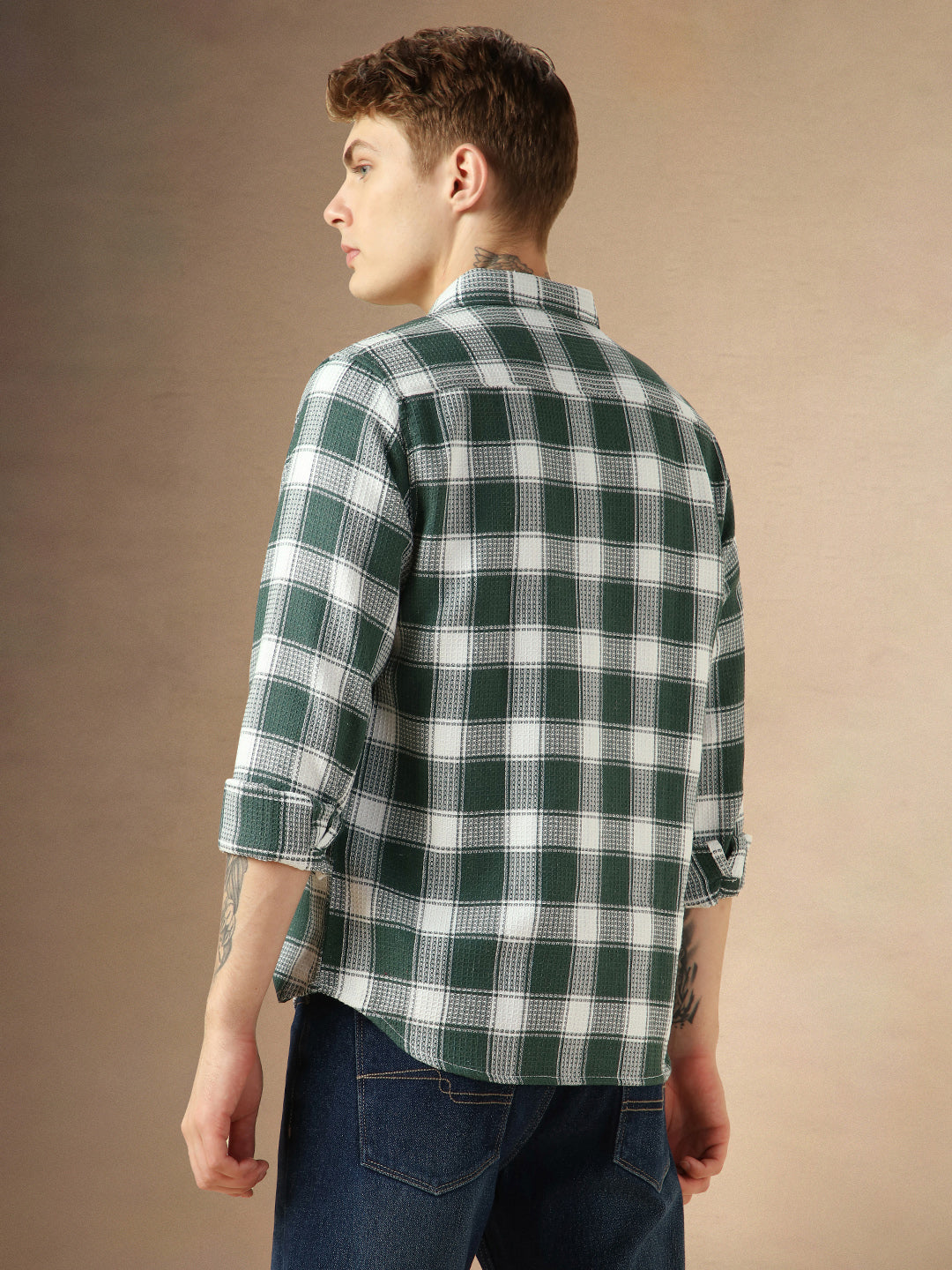 Men's Green Cotton Spread Collar Full Sleeves Checked Shirt