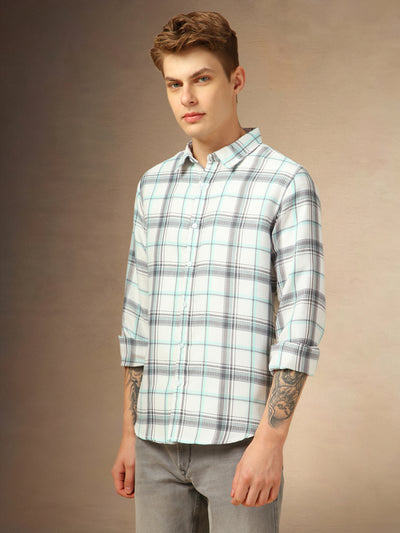 Men's White Checks Spread Collar Full Sleeves Shirt