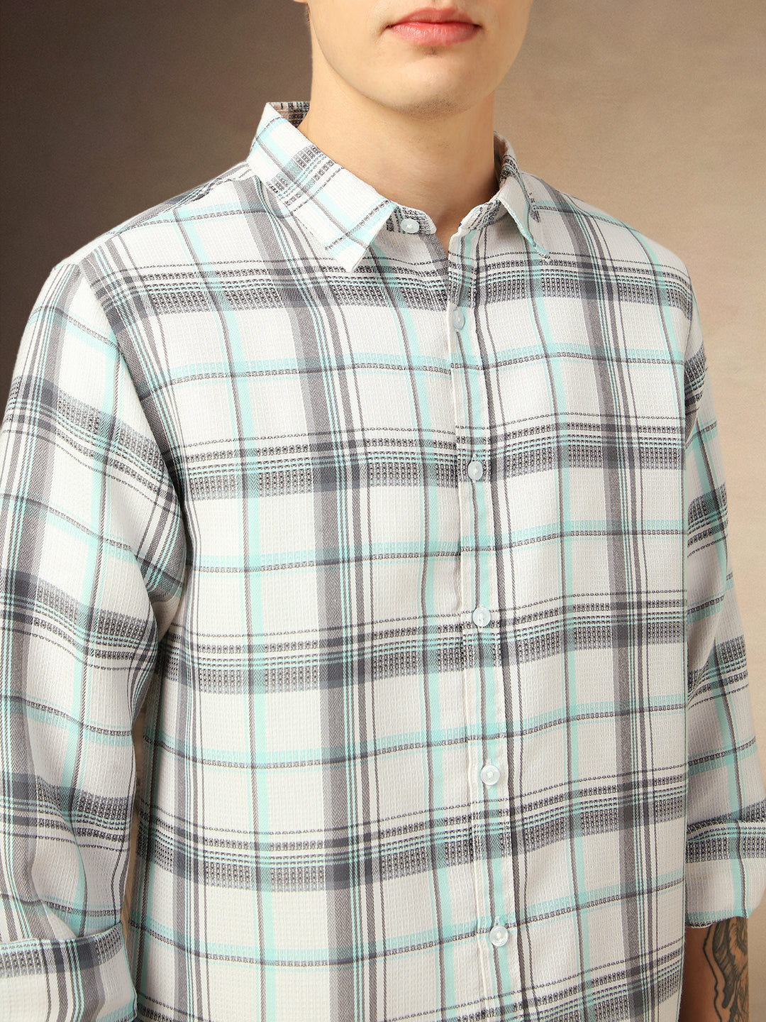 Men's White Checks Spread Collar Full Sleeves Shirt