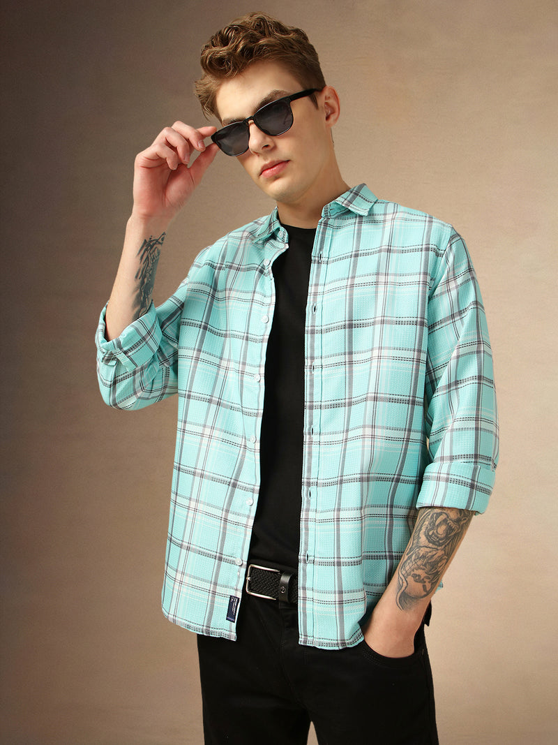 Men's Blue Checks Spread Collar Full Sleeves Shirt