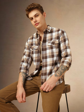 Men's Brown Checks Spread Collar Full Sleeves Shirt