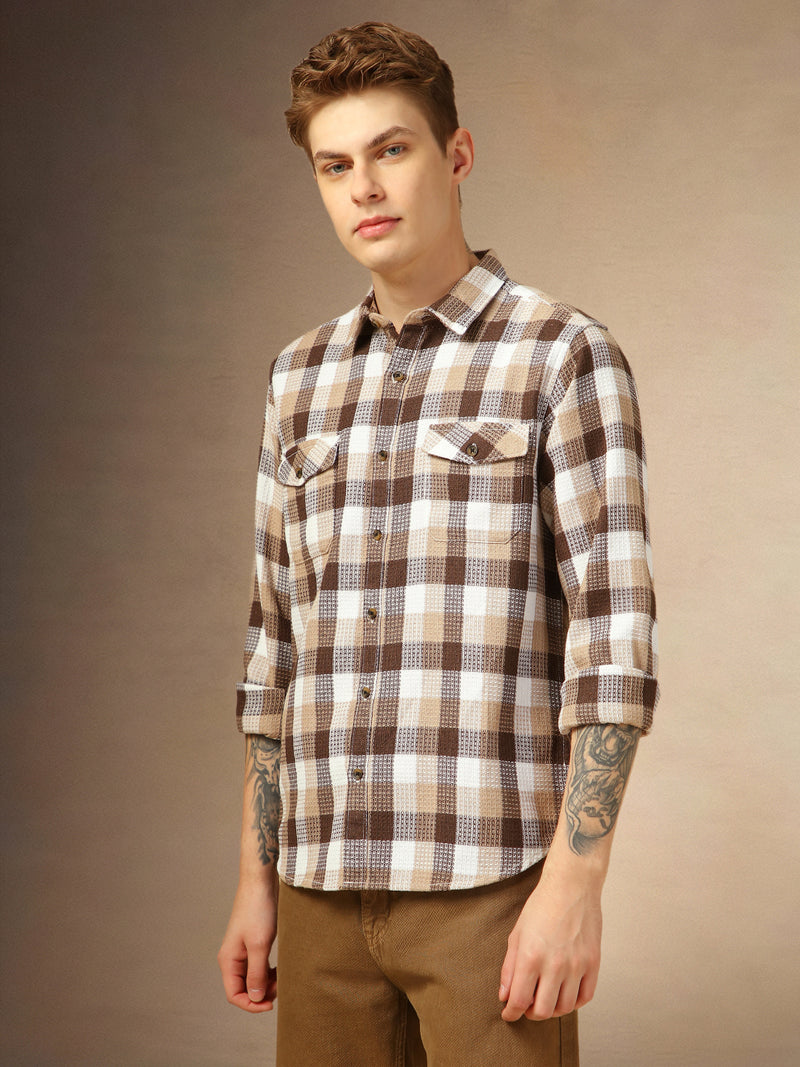 Men's Brown Checks Spread Collar Full Sleeves Shirt