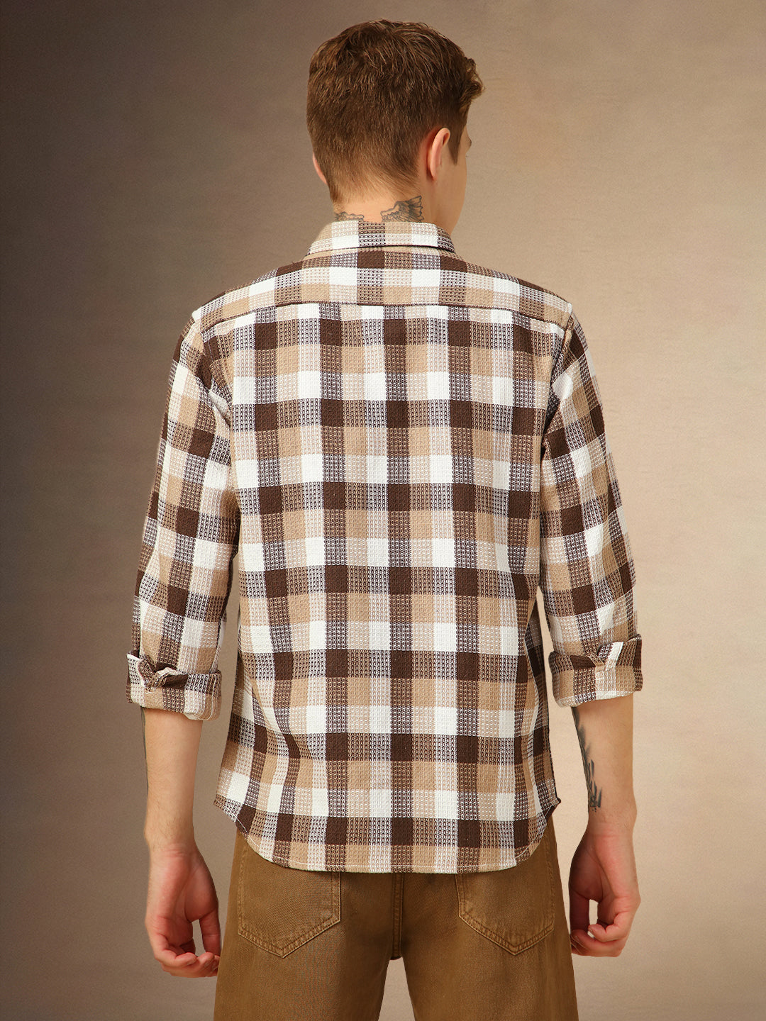 Men's Brown Checks Spread Collar Full Sleeves Shirt