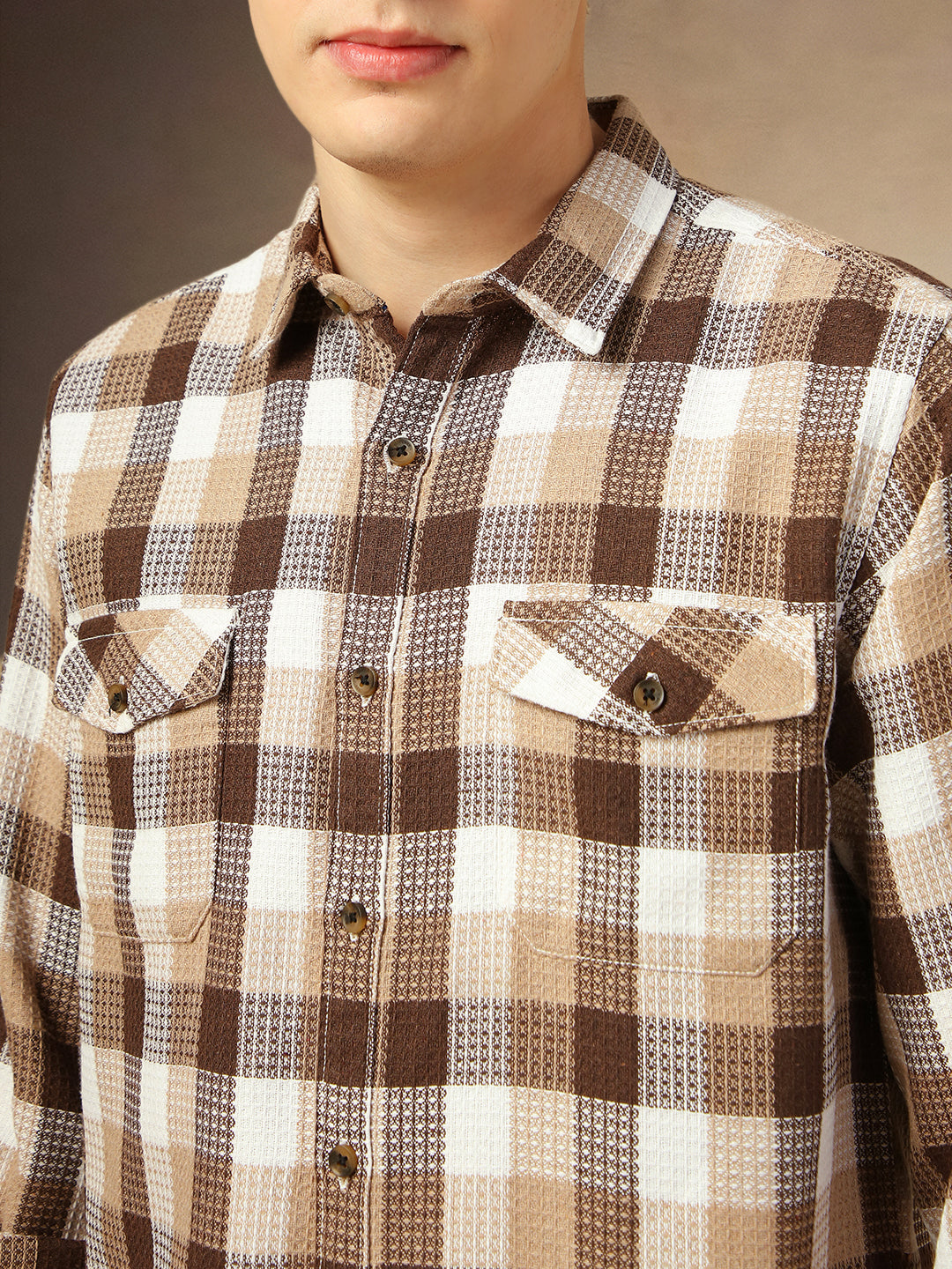 Men's Brown Checks Spread Collar Full Sleeves Shirt