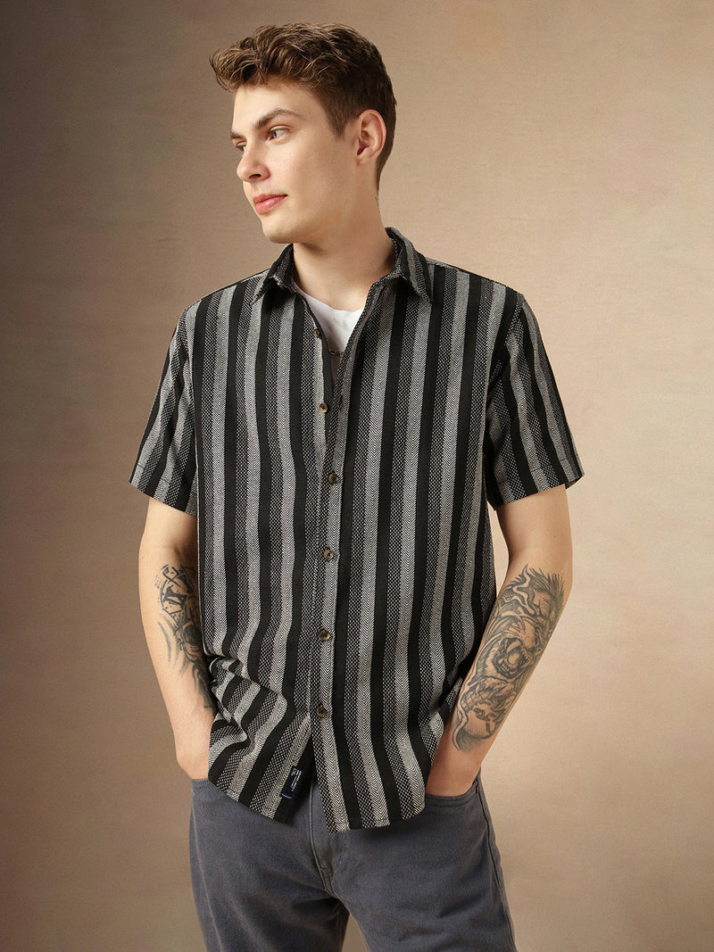 Men's Black Cotton Spread Collar Half Sleeves Striped Shirt