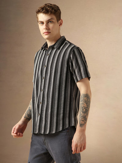 Men's Black Cotton Spread Collar Half Sleeves Striped Shirt