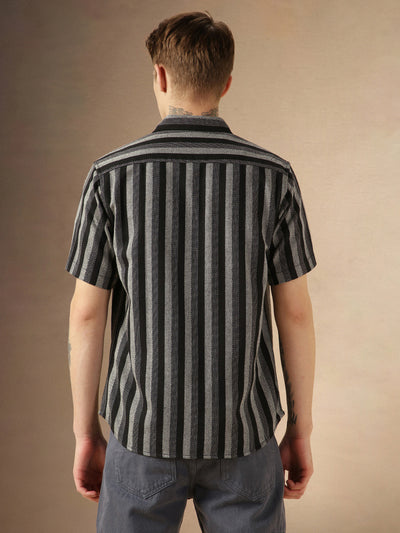 Men's Black Cotton Spread Collar Half Sleeves Striped Shirt