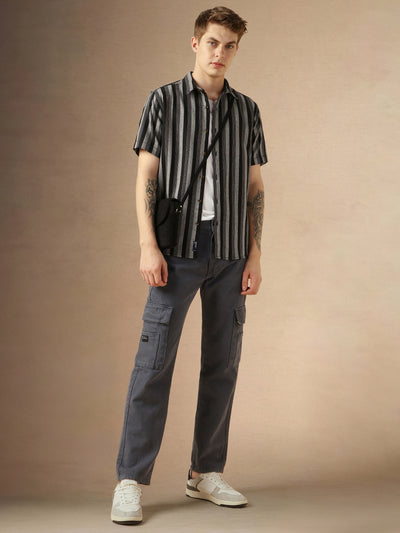 Men's Black Cotton Spread Collar Half Sleeves Striped Shirt