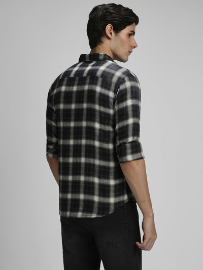 Men's Regular Collar Slim Fit Checks Black Casual Shirts