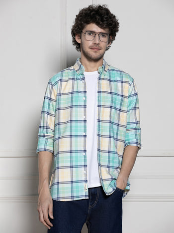 Men's Green Tartan Checks Casual Cotton Shirt