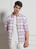 Men's Pink Cotton Checked Spread Collar Casual Shirt