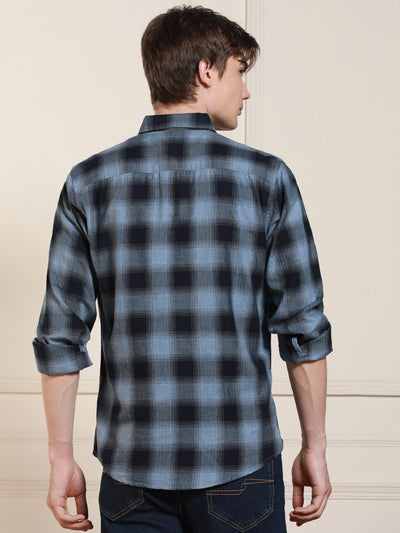 Men's Blue Cotton Checked Button-Down Collar Casual Shirt