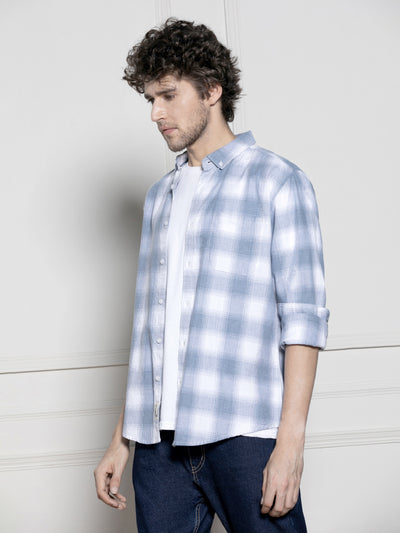 Men's White Checked Button down Collar Casual Cotton Shirt