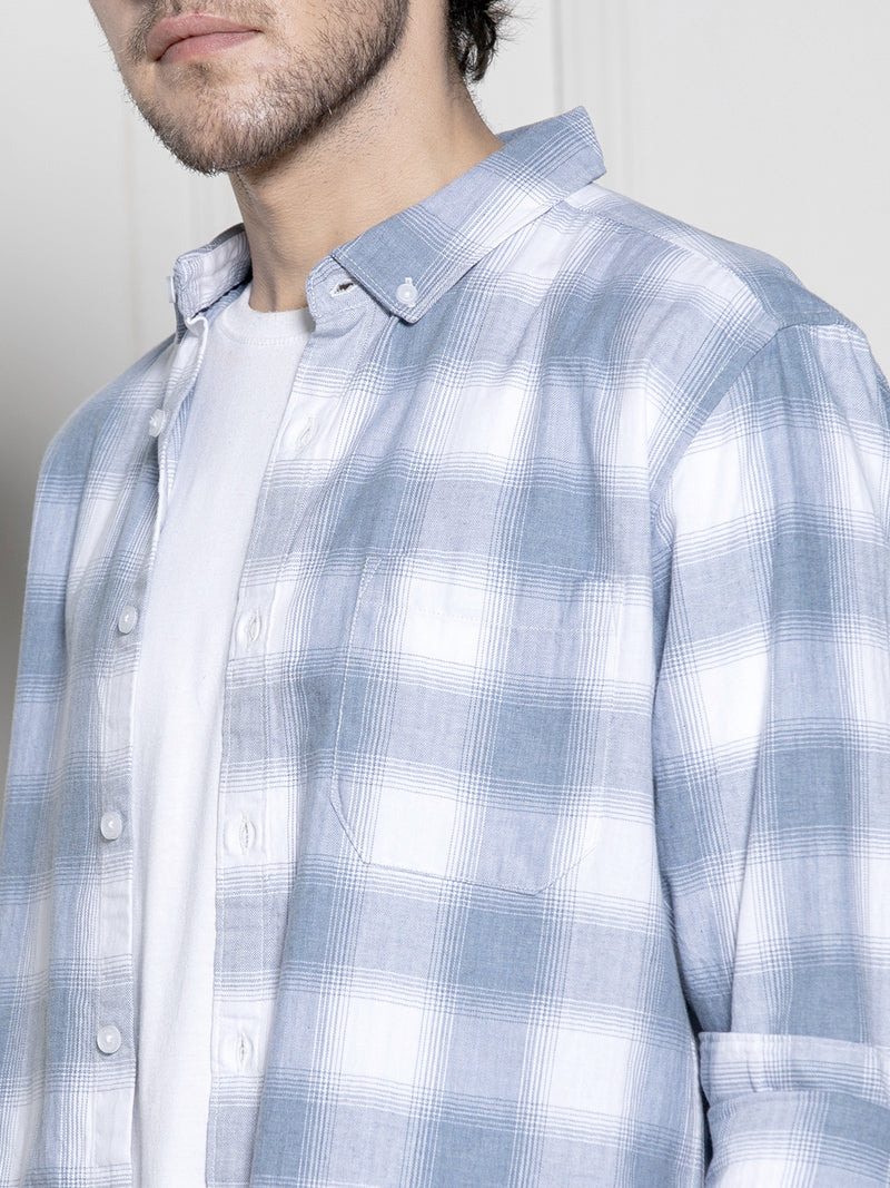 Men's White Checked Button down Collar Casual Cotton Shirt