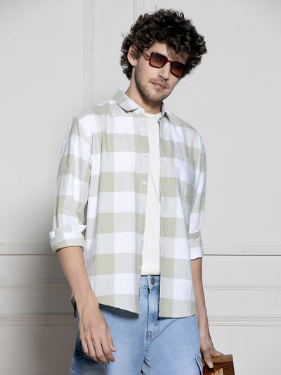 Men's Khaki Gingham Checks Spread Collar Casual Shirt