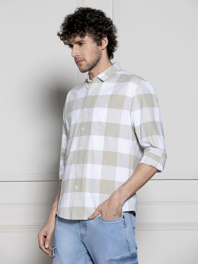 Men's Khaki Gingham Checks Spread Collar Casual Shirt