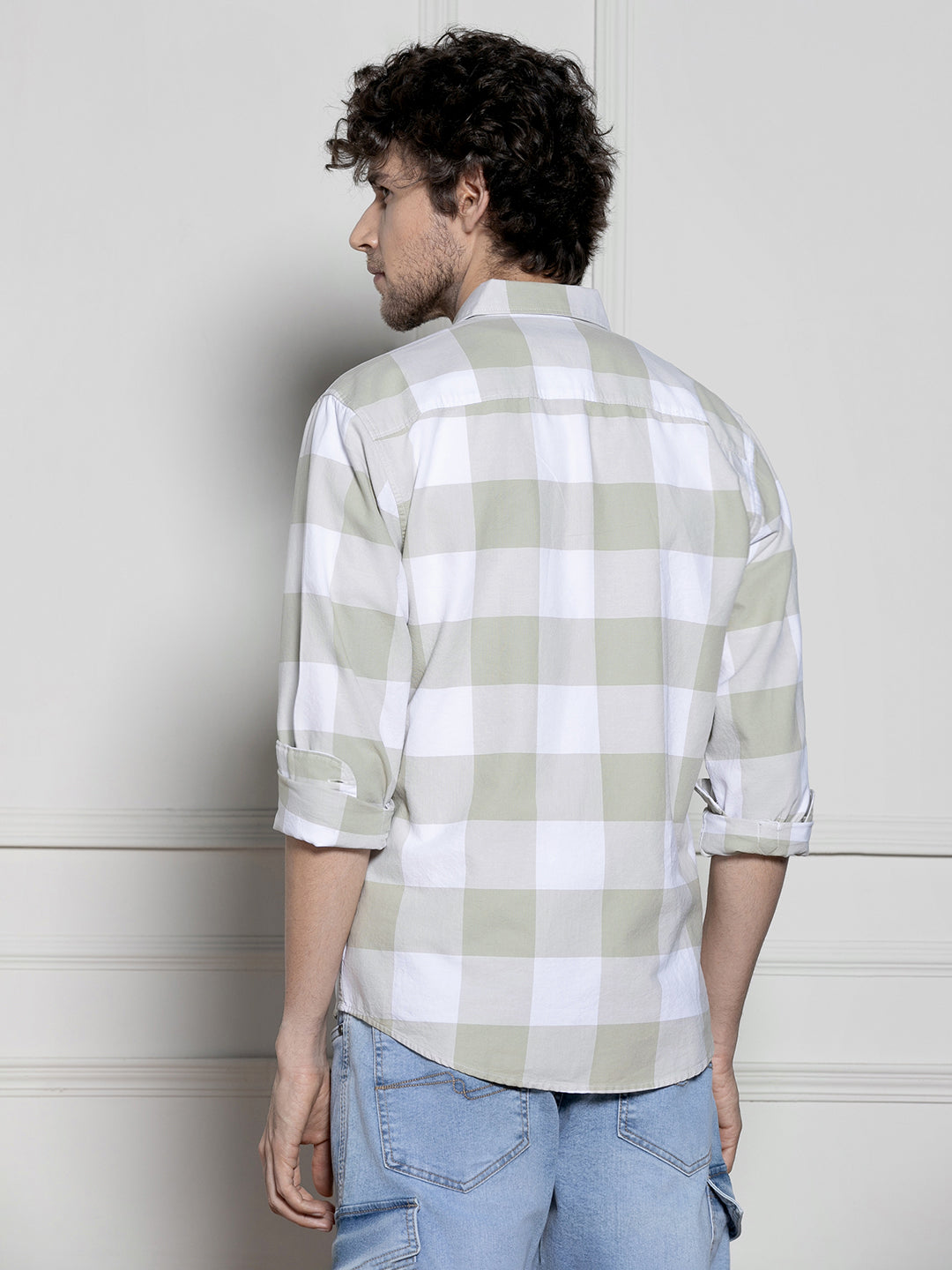 Men's Khaki Gingham Checks Spread Collar Casual Shirt