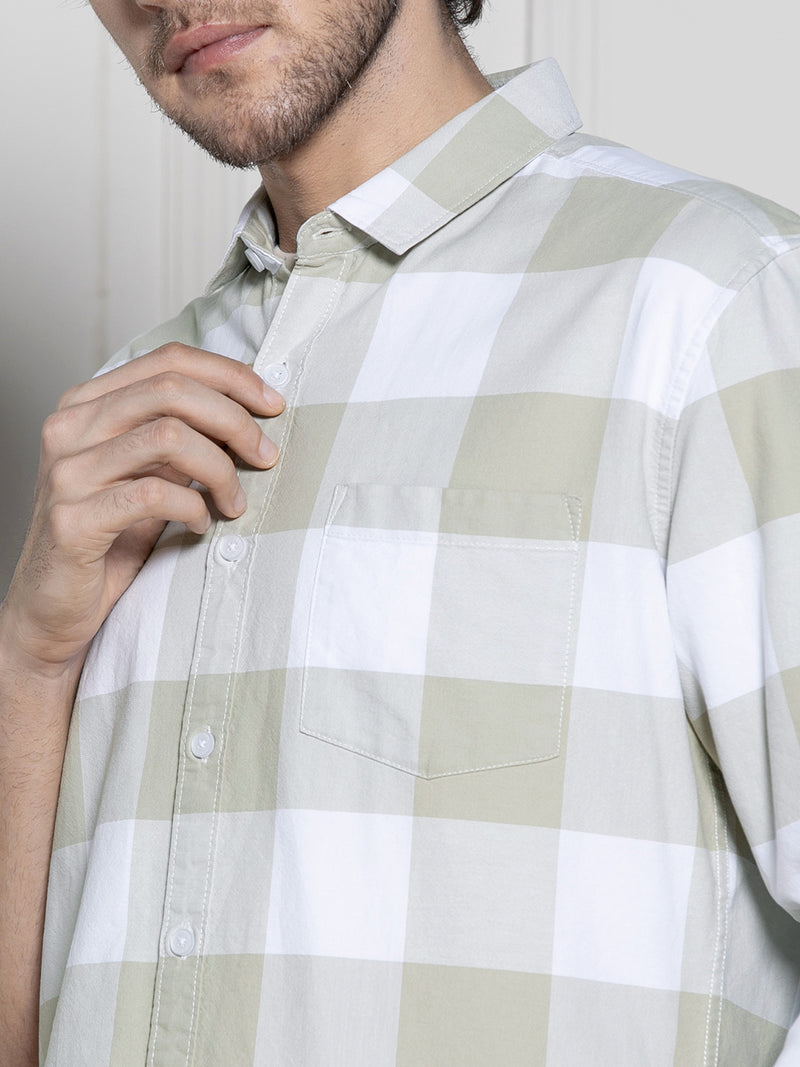 Men's Khaki Gingham Checks Spread Collar Casual Shirt