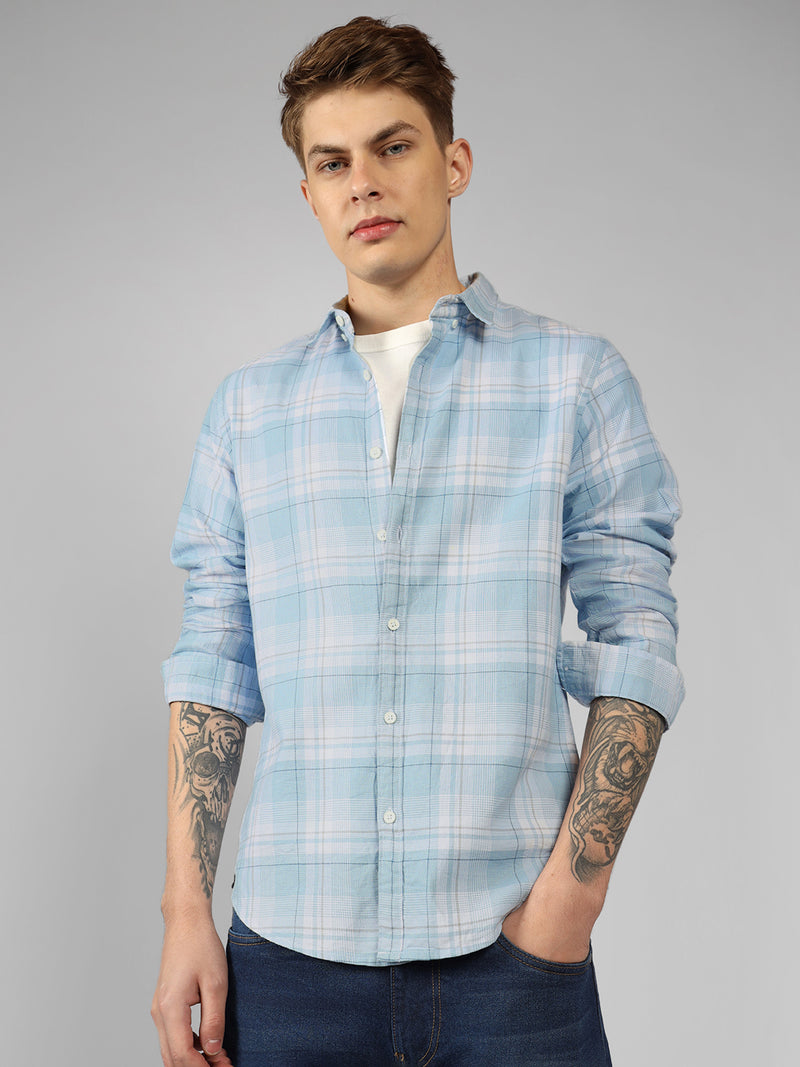 Men's Blue Checks Button Down Collar Full sleeve Regular Fit Shirt