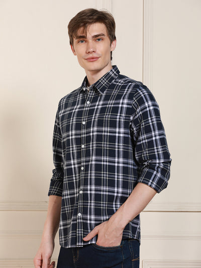 Men's Navy Tartan Checks Spread Collar Full Sleeves Casual Shirt