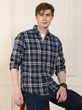 Men's Navy Tartan Checks Spread Collar Full Sleeves Casual Shirt