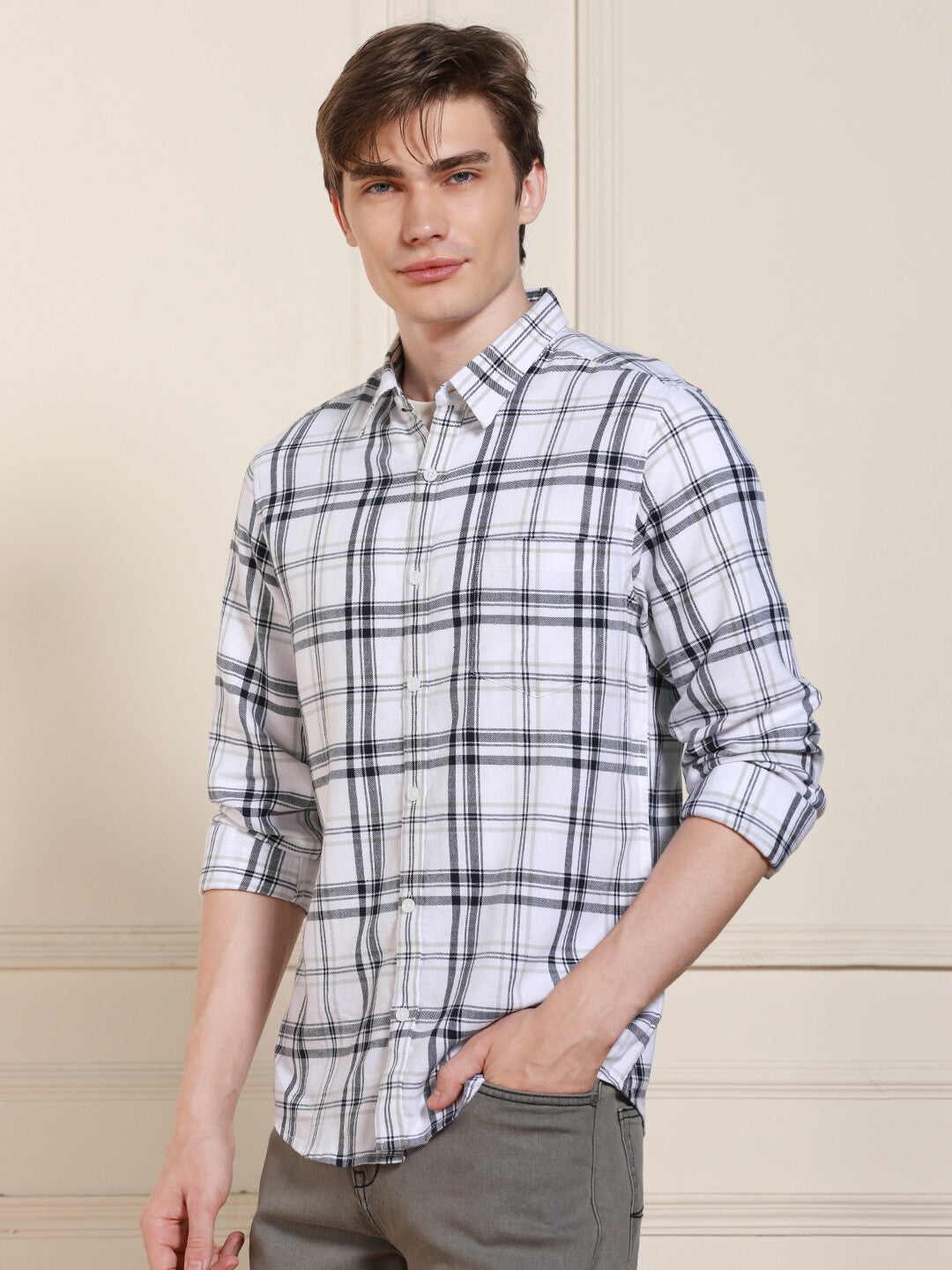 Men's White Tartan Checks Spread Collar Full Sleeves Casual Shirt