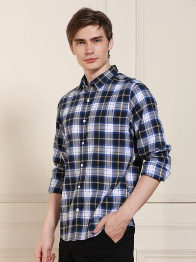 Men's Blue Tartan Checks Spread Collar Full Sleeves Casual Shirt