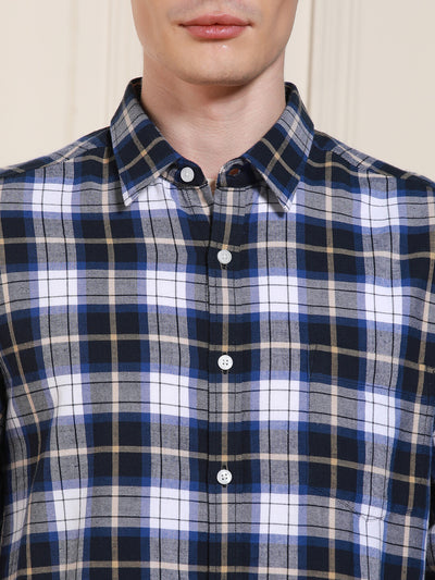 Men's Blue Tartan Checks Spread Collar Full Sleeves Casual Shirt