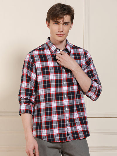 Men's Red Tartan Checks Spread Collar Full Sleeves Casual Shirt