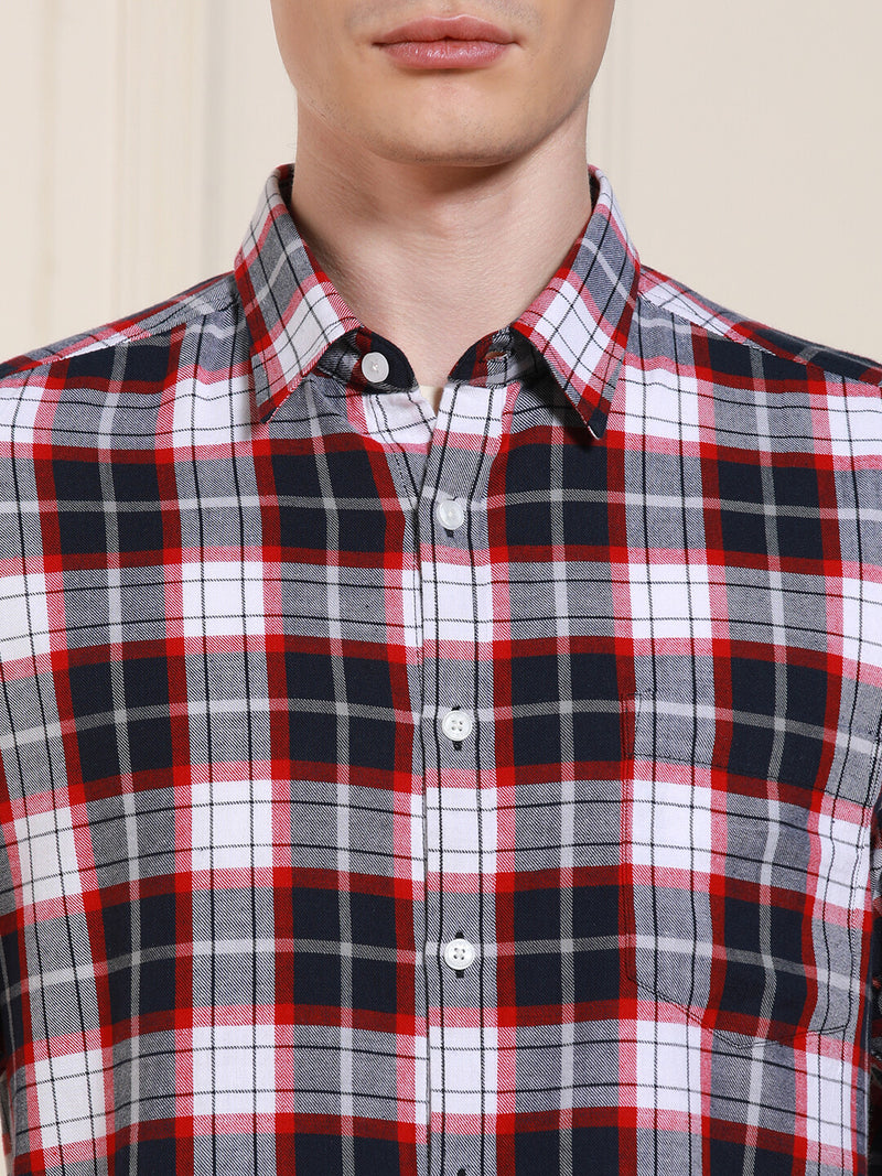 Men's Red Tartan Checks Spread Collar Full Sleeves Casual Shirt