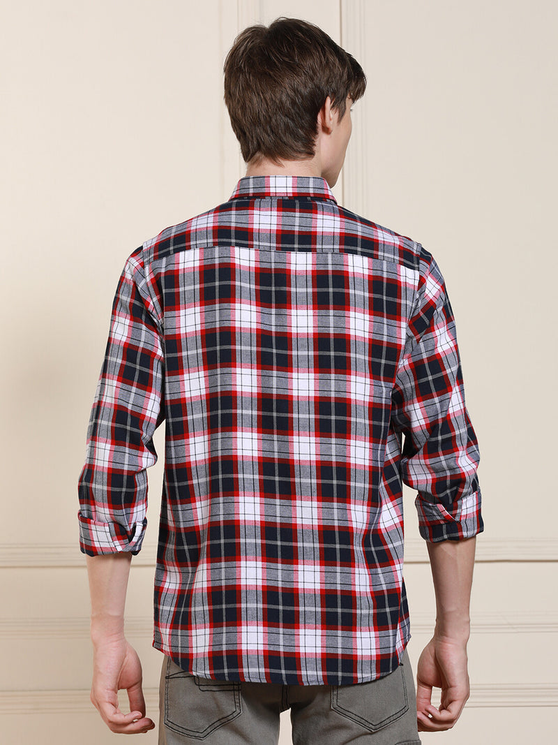 Men's Red Tartan Checks Spread Collar Full Sleeves Casual Shirt