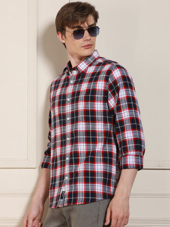 Men's Red Tartan Checks Spread Collar Full Sleeves Casual Shirt