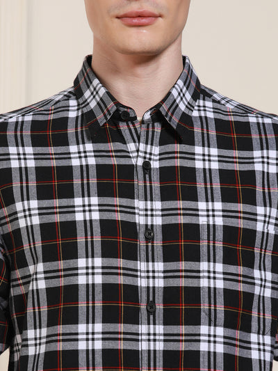 Dennis Lingo Men Black Tartan Checks Spread Collar Full Sleeves Casual Shirt
