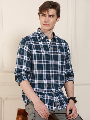 Men's Navy Tartan Checks Spread Collar Full Sleeves Casual Shirt