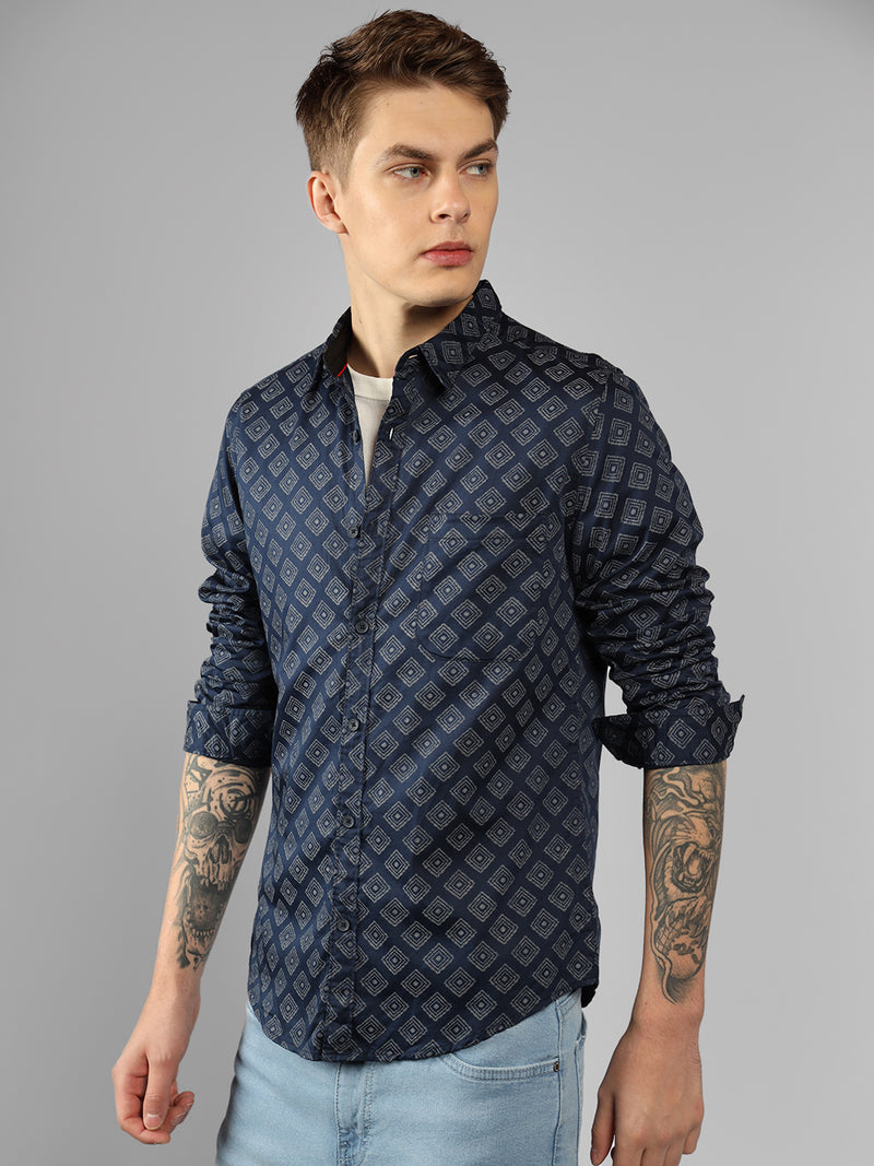 Men's Navy Printed Spread Collar Full sleeve Regular Fit Shirt