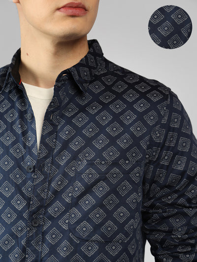 Men's Navy Printed Spread Collar Full sleeve Regular Fit Shirt