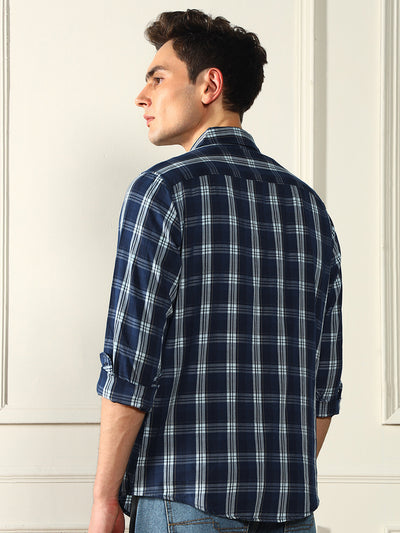 Men's Spread Collar Regular Fit Checks Blue Casual Shirt