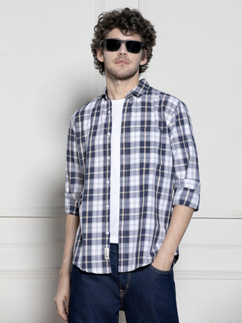 Men's Navy Tartan Checks Casual Cotton Shirt