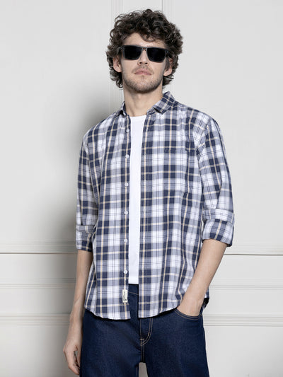 Men's Navy Tartan Checks Casual Cotton Shirt