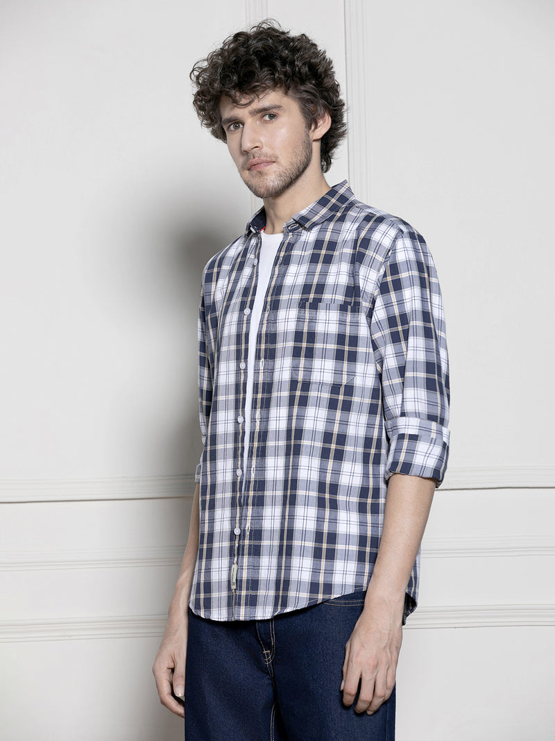 Men's Navy Tartan Checks Casual Cotton Shirt