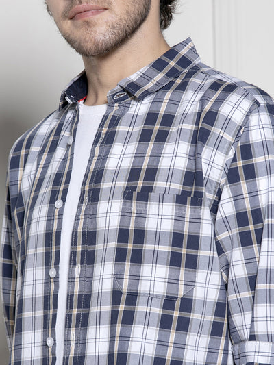 Men's Navy Tartan Checks Casual Cotton Shirt